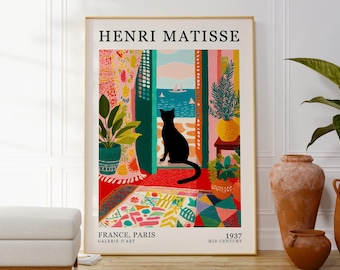 アンリ・マティスの猫のプリント、カラフルなミッドセンチュリーモダン
