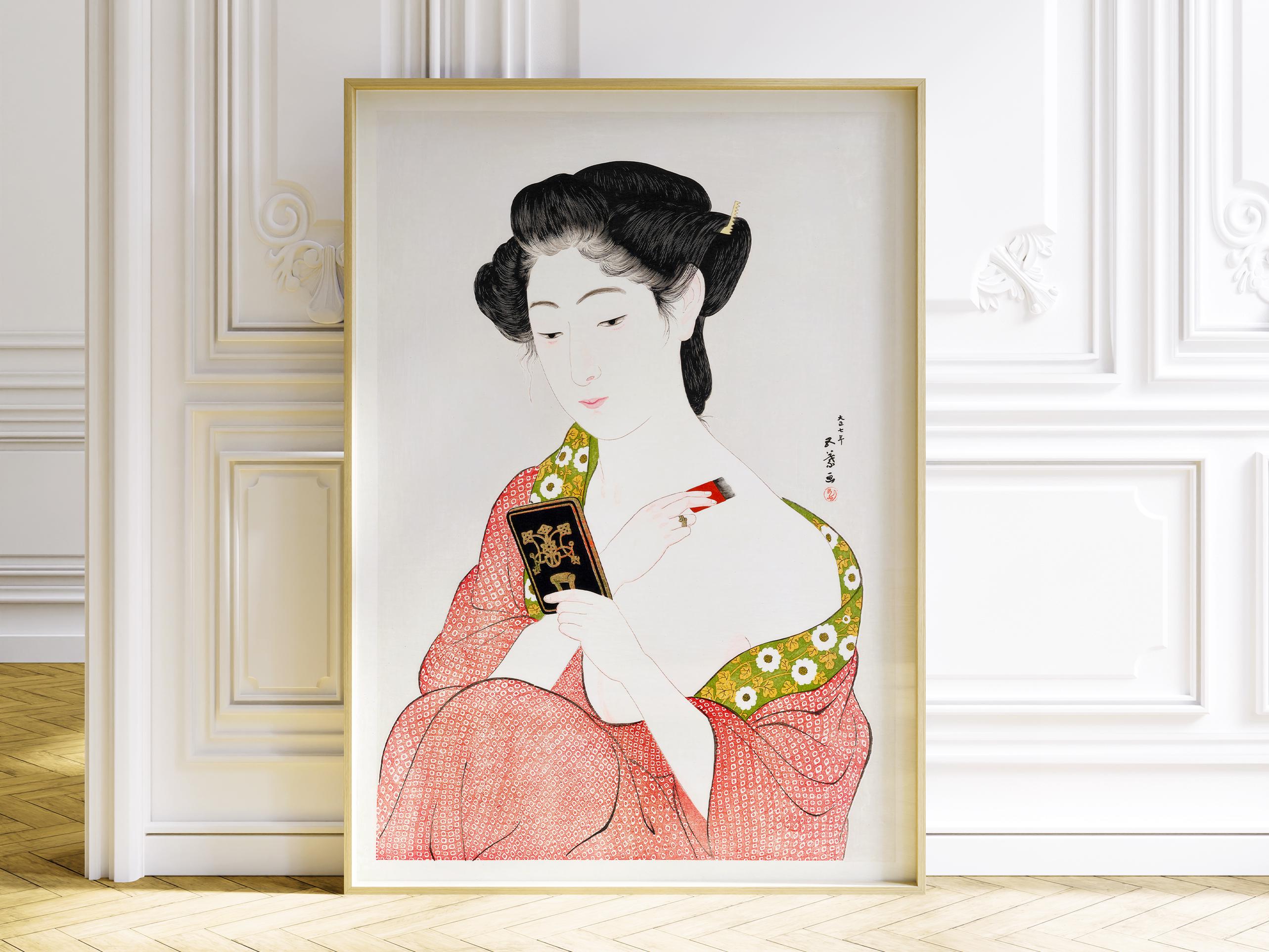 コンパクトミラーを持つ日本人女性のアートプリント、浮世絵風の肖像画