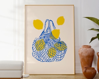 Bag With Lemons Print, Modern Citrus Wall Art Poster, Contemporary Art, Housewarming Gift, Fruit Lovers Art, Fun Artwork, Soft Tones Art