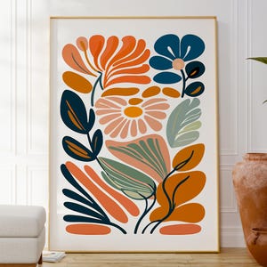 Impressão de flores abstratas modernas, pôster de arte de parede botânica, arte em estilo escandinavo, impressão de belas artes minimalista colorida e moderna, ideia de presente