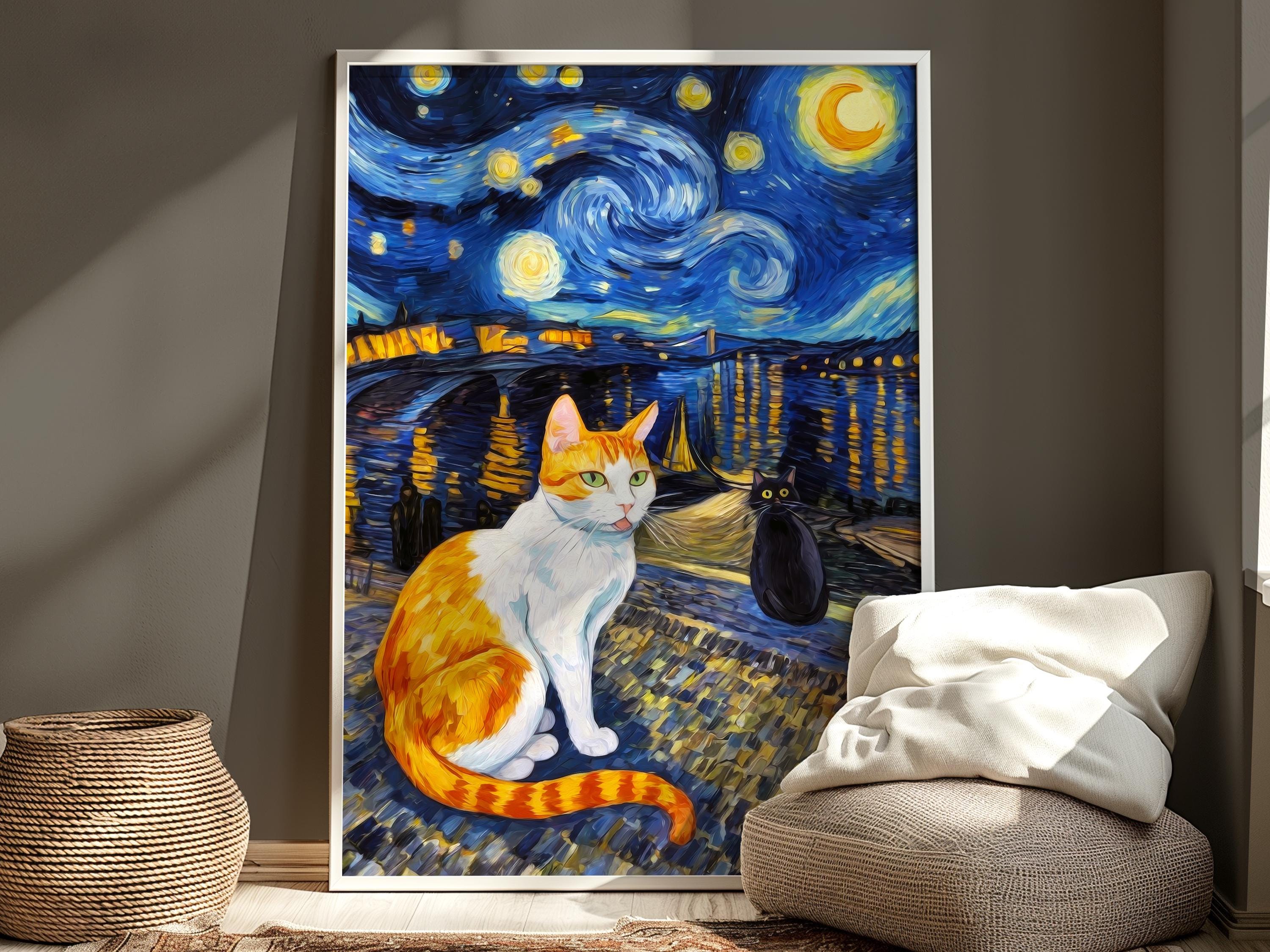 ゴッホの「星月夜と二匹の猫」プリント、動物風景ポスター、人気の猫