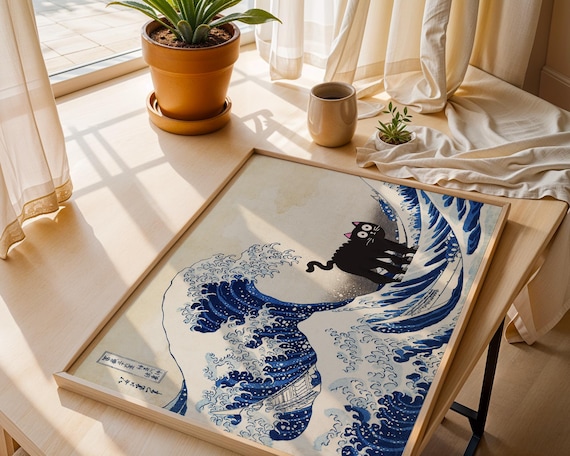 The Wave off Kanagawa With Cat Print, Japanese Wall Art, Funny Cat