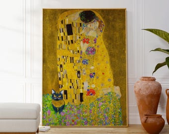 グスタフ・クリムトの「接吻」 - 猫を描いた有名な絵画のパロディ、高