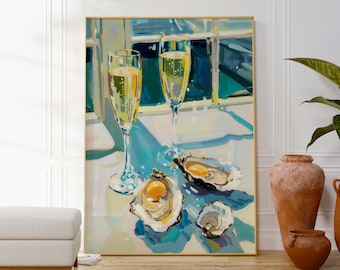 Oysters and Champagne Art Print, Coastal Kitchen Wall Decor, Still Life Painting