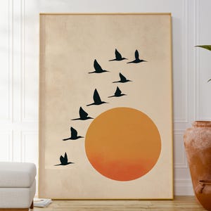 Minimalistischer Landschaftsdruck, Sonnenuntergang mit Vögeln Poster, Beiges Modernes Wanddekor, Entspannendes, ruhiges Kunstwerk, Minimale Geschenkkunst