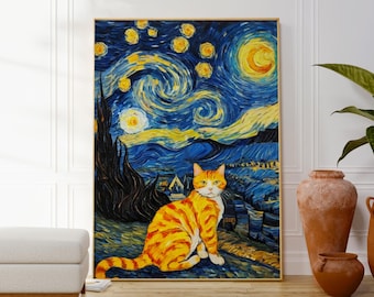 Starry Night Cat Art Print, Van Gogh Style, Whimsical Cat Lover Gift