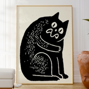 Impresión divertida de gato negro, póster de arte mural moderno de animales, arte minimalista, decoración divertida de gatos, regalo para amantes de los gatos, obra de arte original, arte divertido
