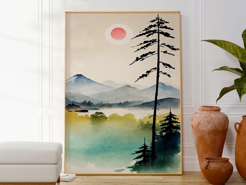 Japanese Landscape Watercolor Print, Calming Mountain View Wall Art ...
