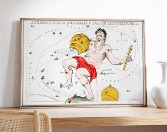 May include: A vintage illustration of the constellation Aquarius, with a man pouring water from a golden urn. The illustration is surrounded by stars and the text "AQUARIUS. PISCIS AUSTRALIS & BALLON AEROSTATIQUE" is at the top.