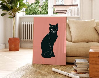 黒猫のプリント、ピンクの壁アート、モダンな猫のイラスト - Etsy 日本