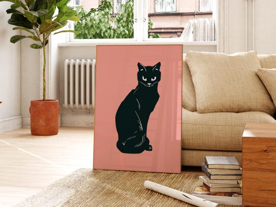 黒猫のプリント、ピンクの壁アート、モダンな猫のイラスト - Etsy 日本