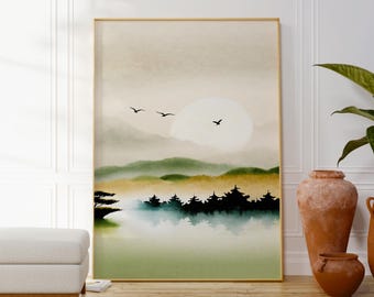 Minimalist Landscape Print, Abstract Zen Nature Wall Art, Japanese Style Poster, Muted Colours Decor