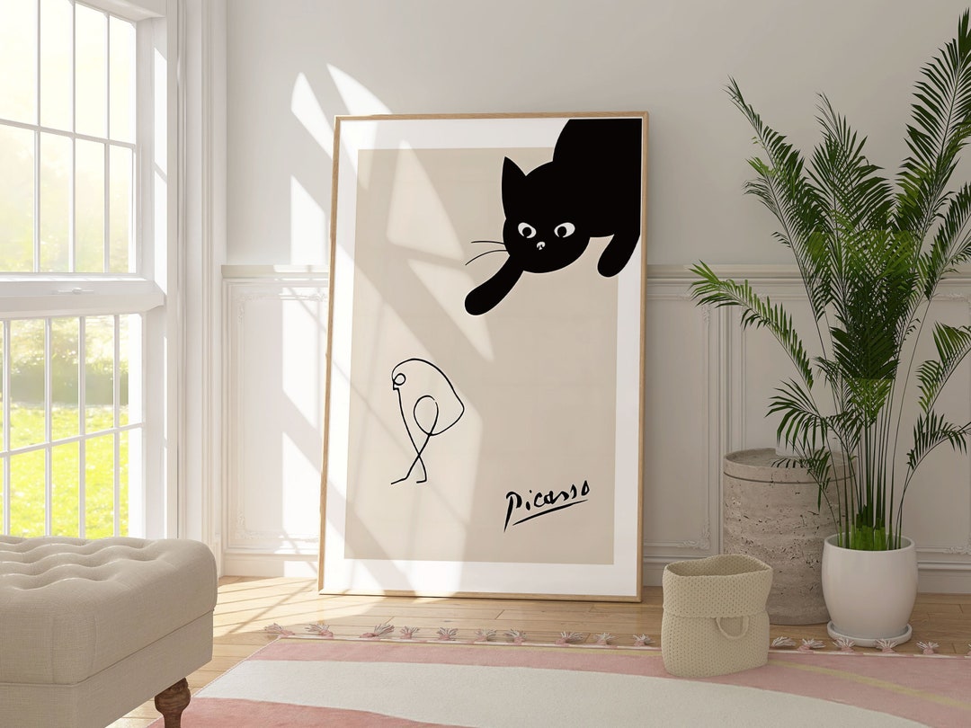 パブロ・ピカソの「猫が鳥を追いかける」アートプリント、モダンミニマ