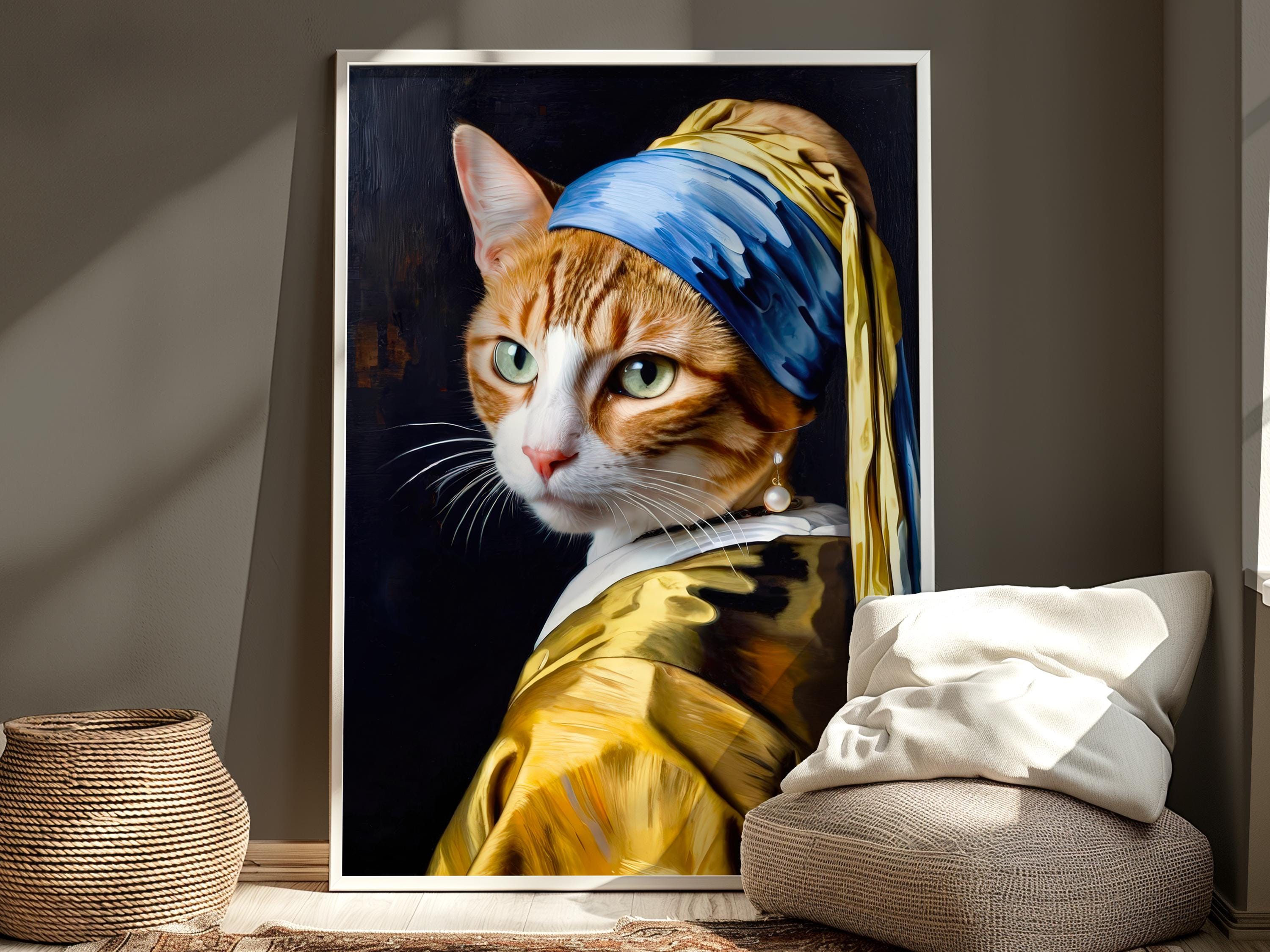 真珠の耳飾りの猫のプリント、オリジナルのクラシックな猫のアート