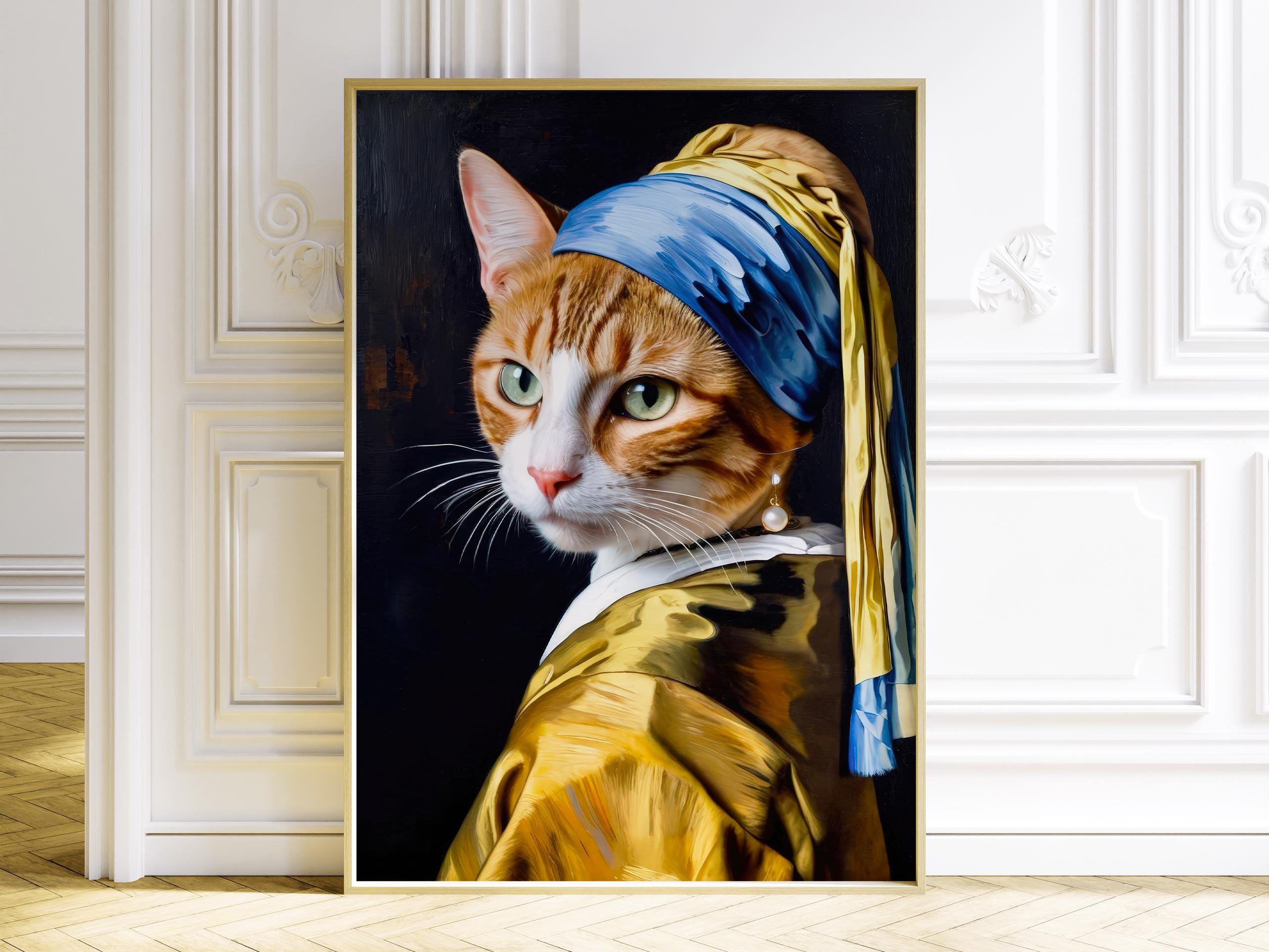 真珠の耳飾りの猫のプリント、オリジナルのクラシックな猫のアート