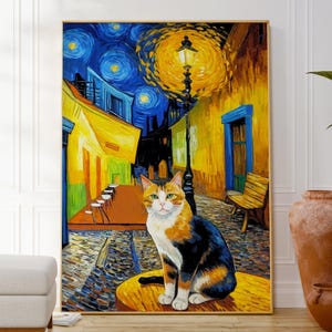 Cafe Terrace at Night With a Cat, Vincent Van Gogh Cat Poster, Animal Wall Art Decor, Pet Lovers Gift, Original Cat Painting, Art Gift Idea