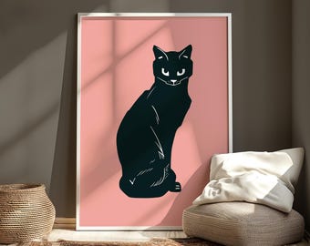 黒猫のプリント、ピンクの壁アート、モダンな猫のイラスト - Etsy 日本