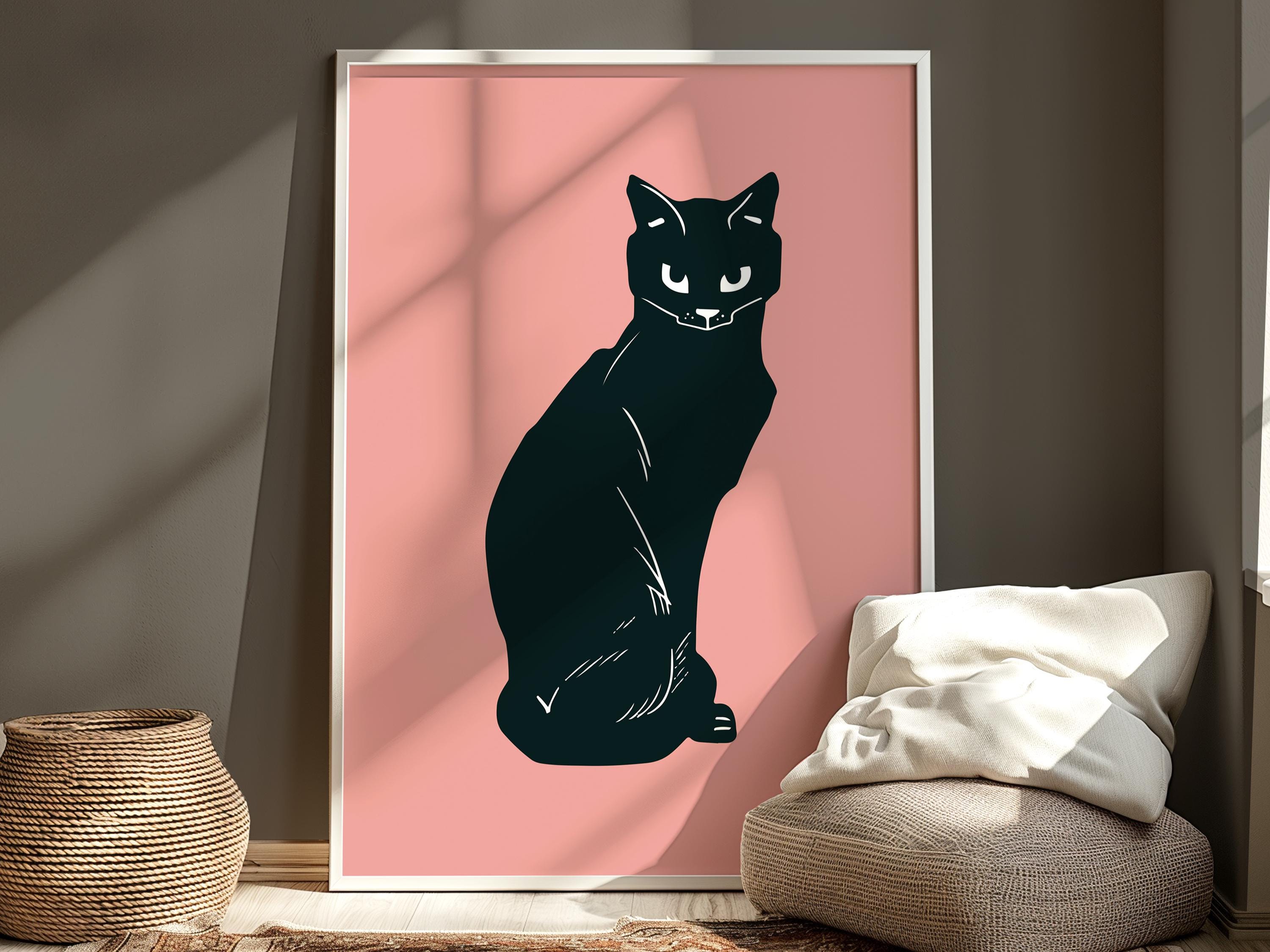Black Cat Print, Pink Wall Art, Modern Cat Illustration - Etsy