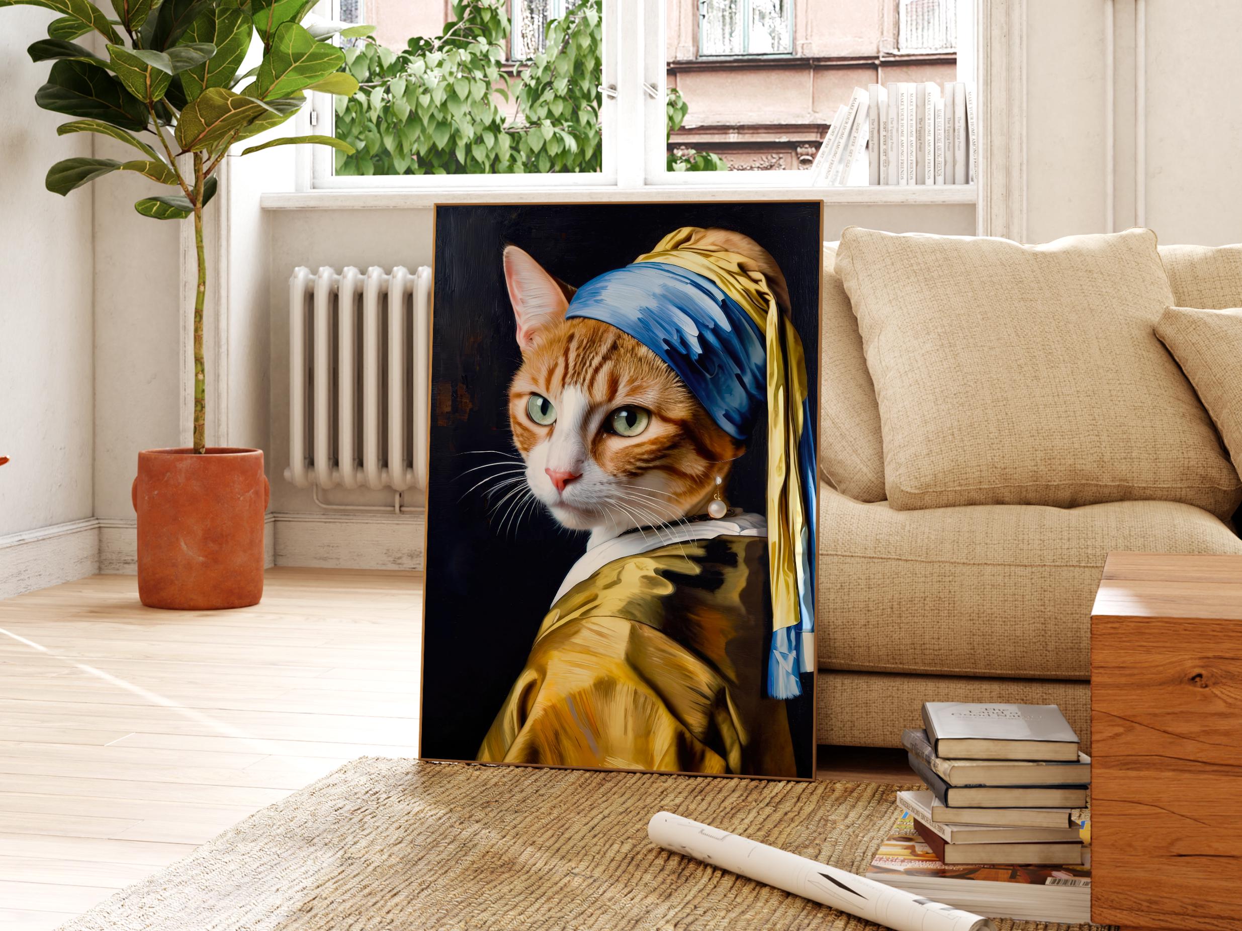 J*O様 NISSIN 50周年記念 ポスター 猫耳 真珠の耳飾りの猫のプリント、オリジナルのクラシックな猫のアート
