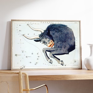 Póster de la constelación del zodíaco Tauro, obra de arte celestial, impresión de mapa estelar, decoración de pared de astrología, arte de pared original, regalo único