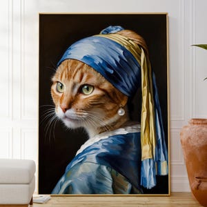 Vermeer Girl With Pearl Earring Cat Print, Trendy Animal Wall Art Poster, Funny Cat Wall Art Decor, Original Housewarming Art Lovers Gift