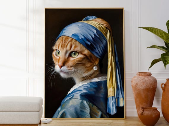 フェルメールの真珠の耳飾りの少女の猫のプリント、トレンディな動物の