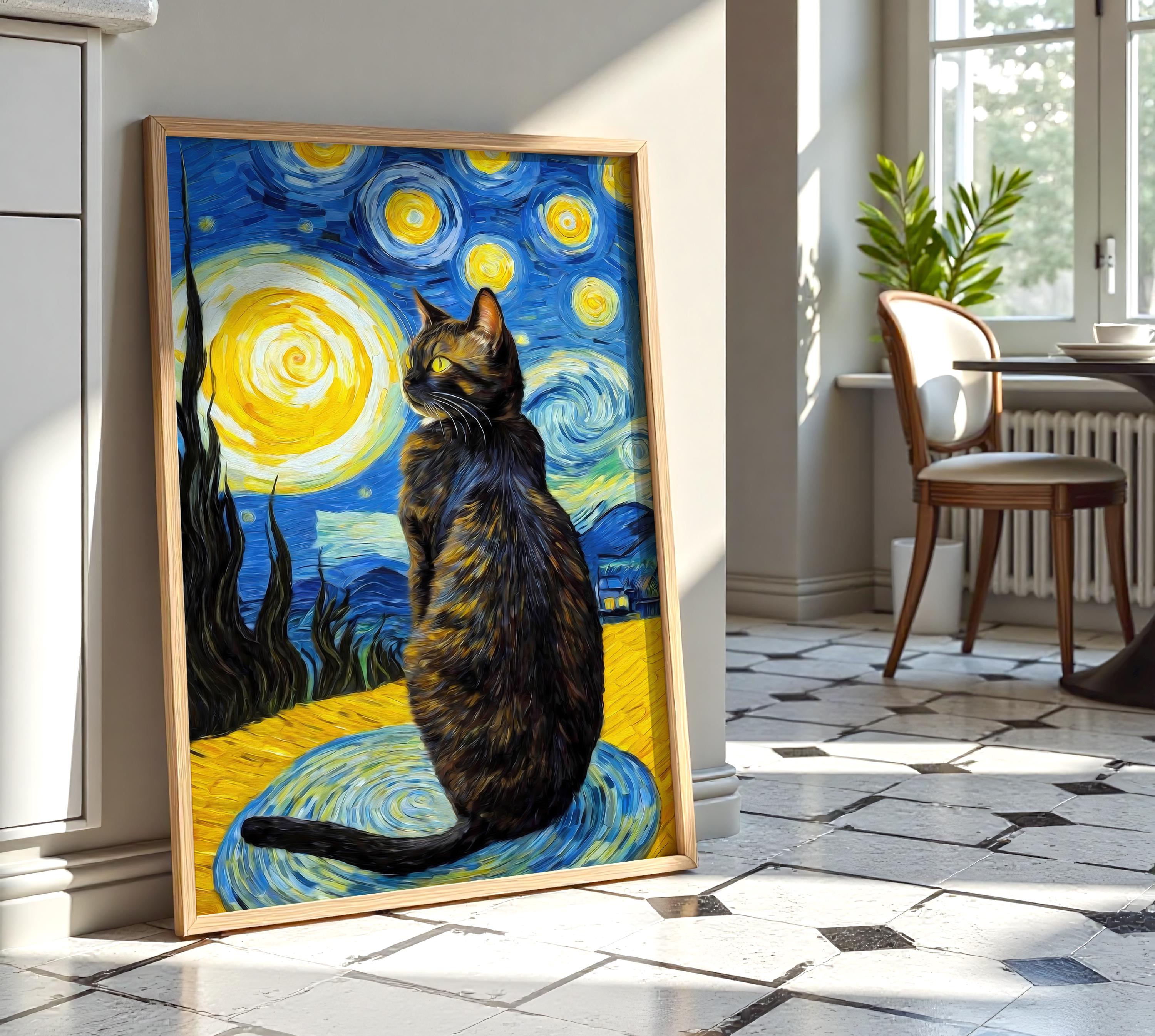ゴッホの「星月夜と猫」のプリント、カラフルな風景画ポスター 