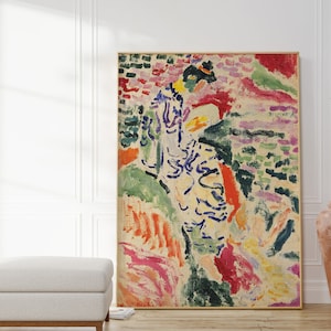 May include: Abstract painting featuring a figure in a white dress with blue and green accents. The background is a vibrant mix of pink, red, orange, and green.