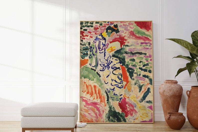 May include: Abstract painting featuring a figure in a white dress with blue and green accents. The background is a vibrant mix of pink, red, orange, and green.