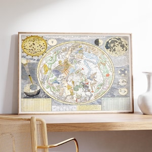 Celestial Map Art Poster, Antike Sternenkarte, Sonne und Mond Kunstwerk, Konstellationen Wanddekor, Celestial Art, Originelles Geschenk, Vintage Karte