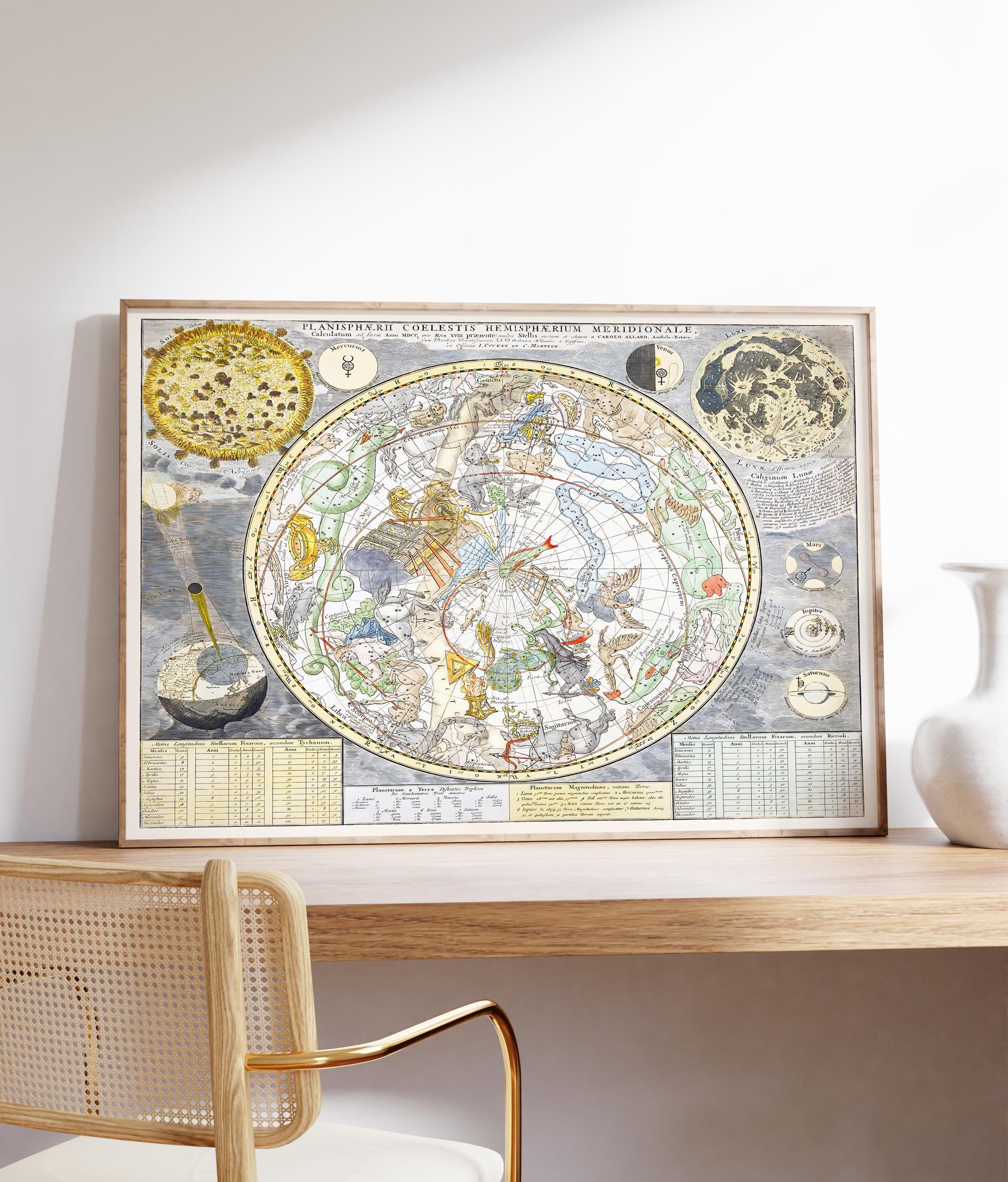 天体地図アートポスター、アンティーク星図プリント、太陽と月のアート