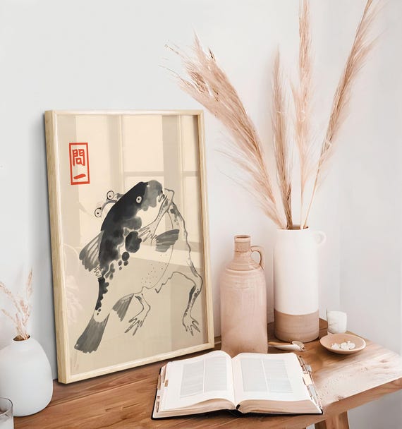 Matsumoto Hoji Frog and Fish Art Poster, Vintage Japanese Wall Art