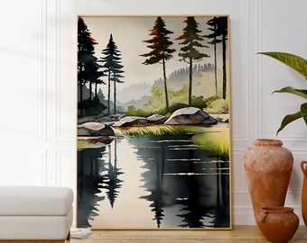 Watercolor Forest Lake Print, Landscape Painting, Nature Wall Art