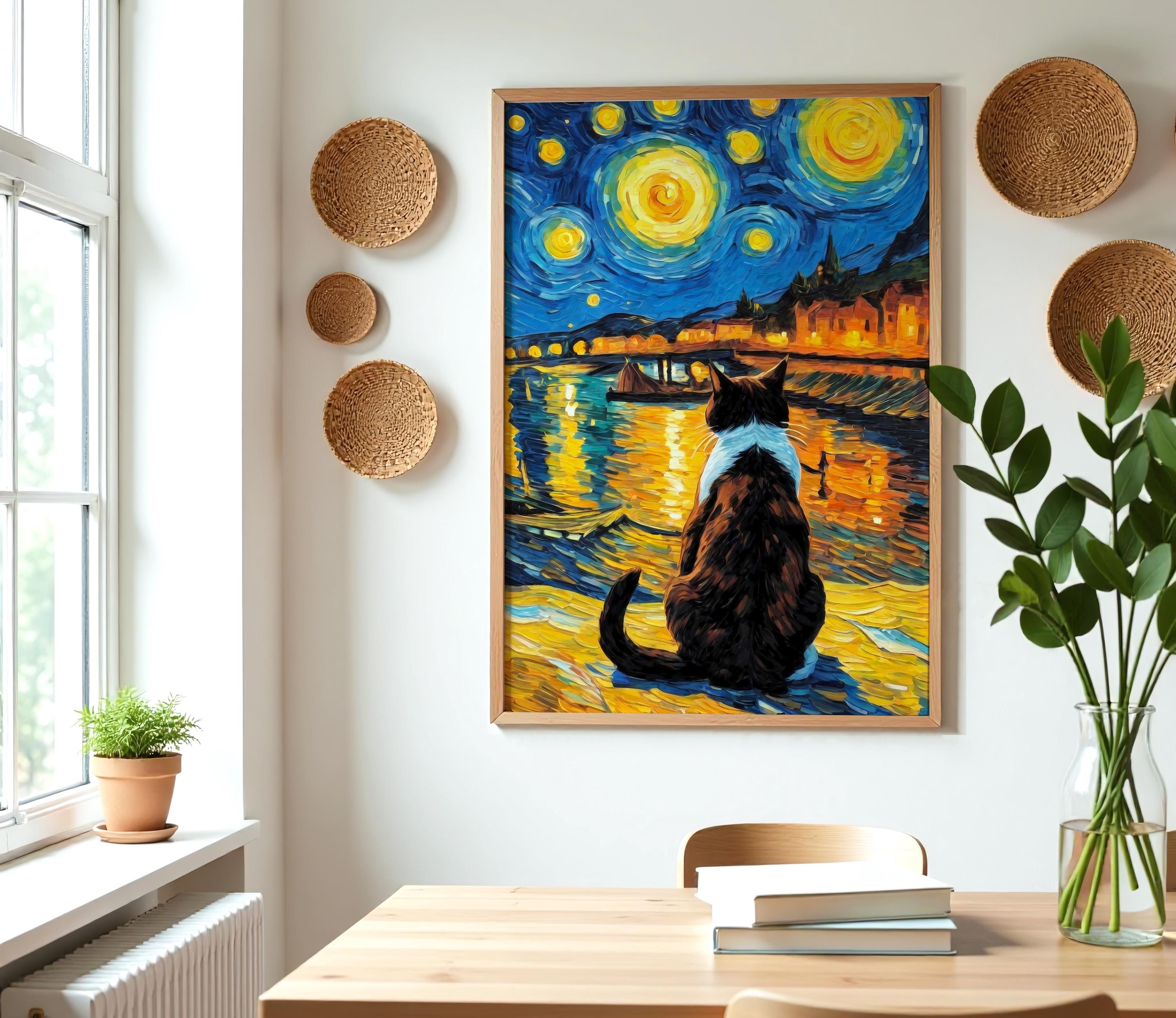 ゴッホの「星月夜と猫」プリント、オリジナル動物風景ポスター、猫好き
