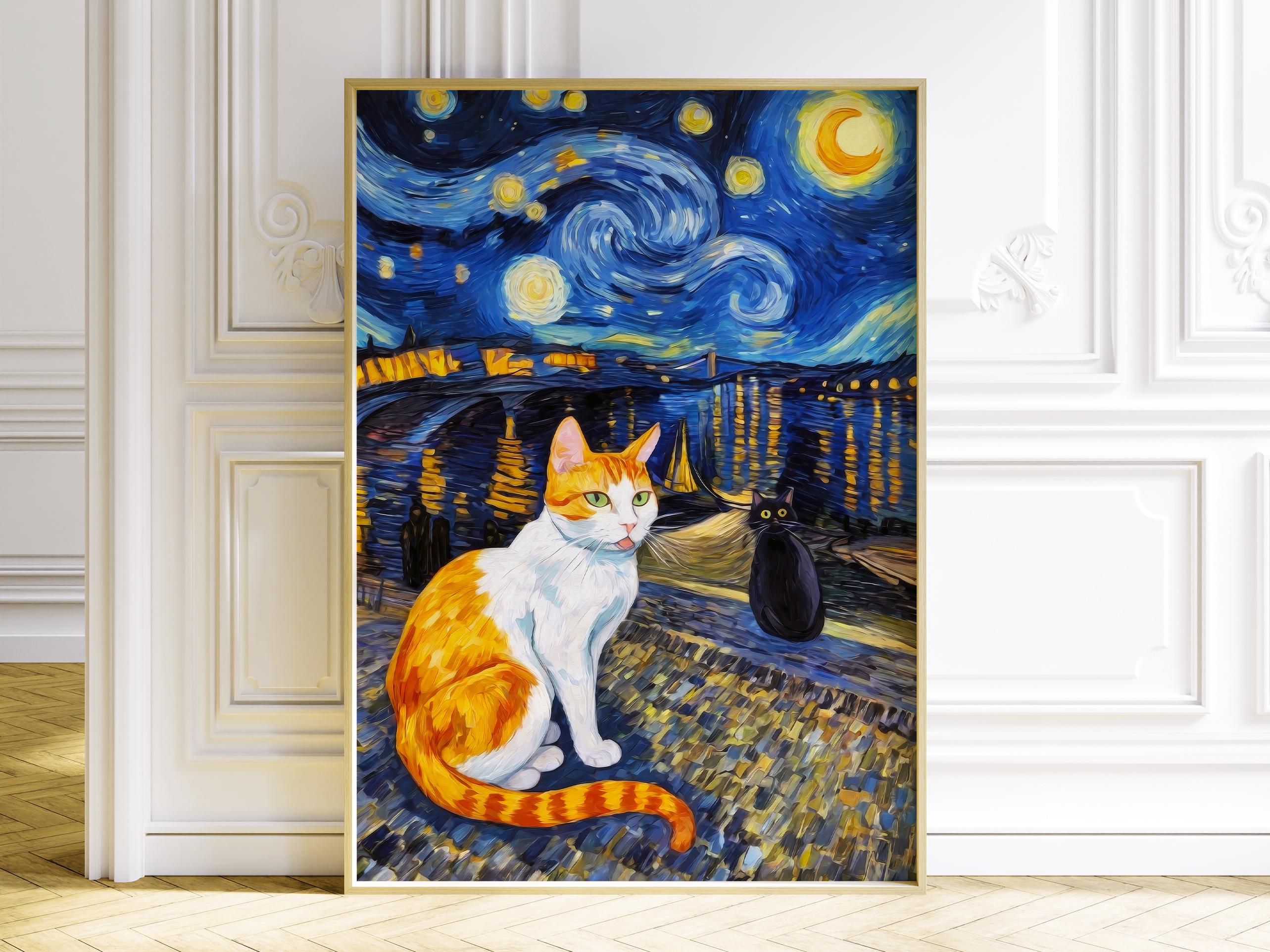 ゴッホの「星月夜と二匹の猫」プリント、動物風景ポスター、人気の猫