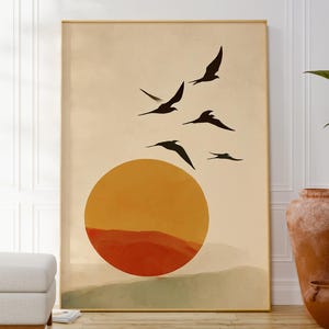 Stampa di paesaggio minimalista, poster astratto di tramonto e uccelli, decorazione da parete moderna per la casa, stampa di natura rilassante, decorazione da parete rilassante, idea regalo