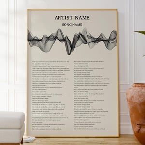 Puede incluir: Una impresión enmarcada con un fondo beige presenta un diseño de onda de sonido negro sobre la letra de una canción. El texto en la parte superior dice "NOMBRE DEL ARTISTA" y "NOMBRE DE LA CANCIÓN". La impresión está en un marco dorado.