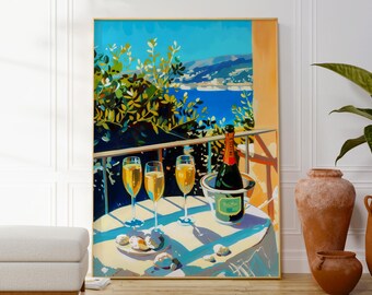 Puede incluir: Una pintura artística representa una escena de balcón con copas de champán, una botella en una cubitera y una vista costera. La obra presenta una mesa con un mantel azul y blanco, y un cielo azul vibrante.
