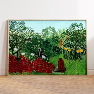 May include: A framed print of a jungle scene with lush green foliage, red plants, and monkeys. The artwork features a light blue sky and a variety of animals, including birds and monkeys. The painting has a wooden frame and is displayed on a light-colored wall.