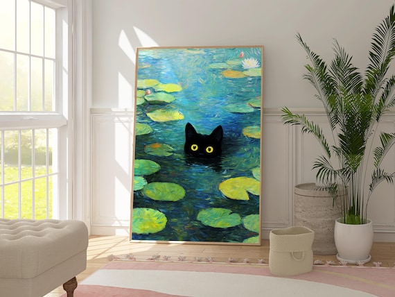 黒猫の睡蓮の池のアートプリント、気まぐれな猫の壁飾り、印象派風の