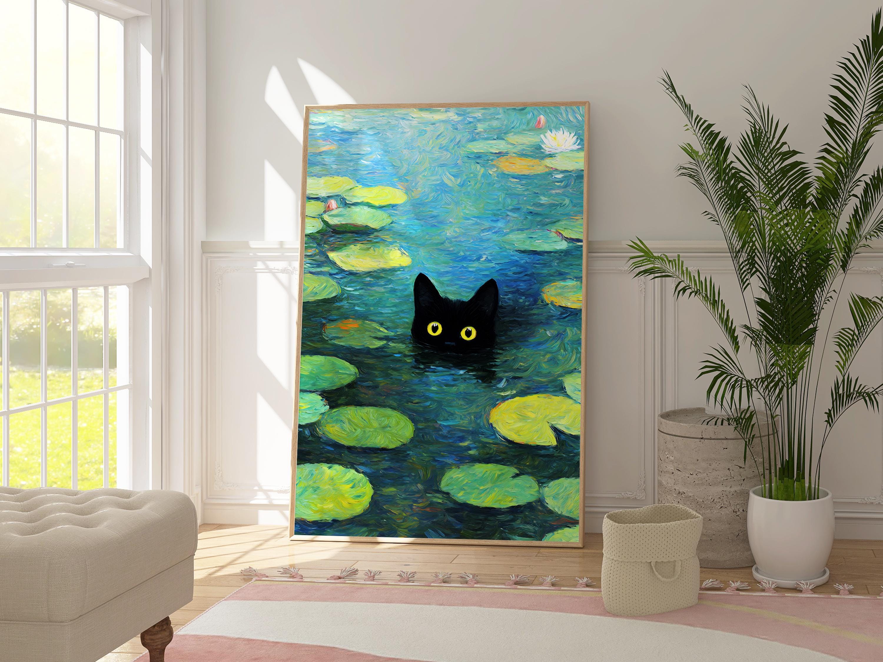 黒猫の睡蓮の池のアートプリント、気まぐれな猫の壁飾り、印象派風の