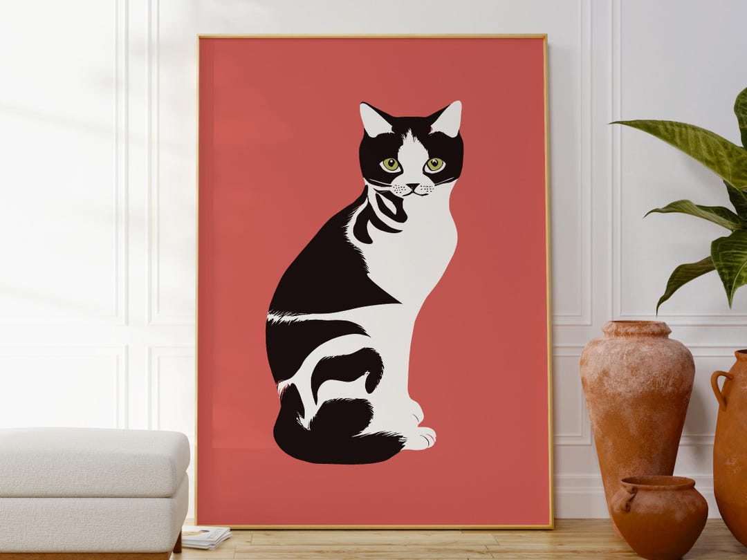 Black and White Cat Print on Pink, Modern Cat Poster, Minimalist ...