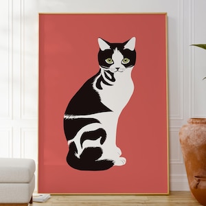 Black and White Cat Print on Pink, Modern Cat Poster, Minimalist Contemporary Wall Art, Stylish Cat Decor, Cat Lovers Gift Idea