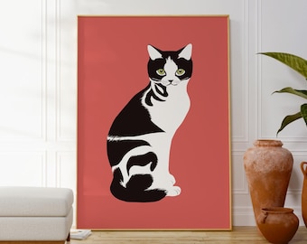 Tuxedo Cat Art Print, Modern Pet Portrait, Black and White Cat Illustration