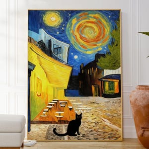Van Gogh Cafe Terrace at Night WIth Black Cat Print, Original Wall Art Poster, Popular Painting With a Cat, Animal Decor, Gift For Cat Lover