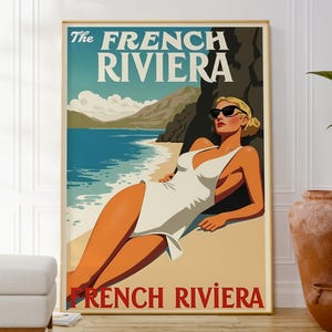 Impresión de la Riviera Francesa, póster de arte mural moderno, obra de arte playero relajante, decoración del hogar tranquila, impresión de viaje, regalo de inauguración de la casa, decoración artística navideña