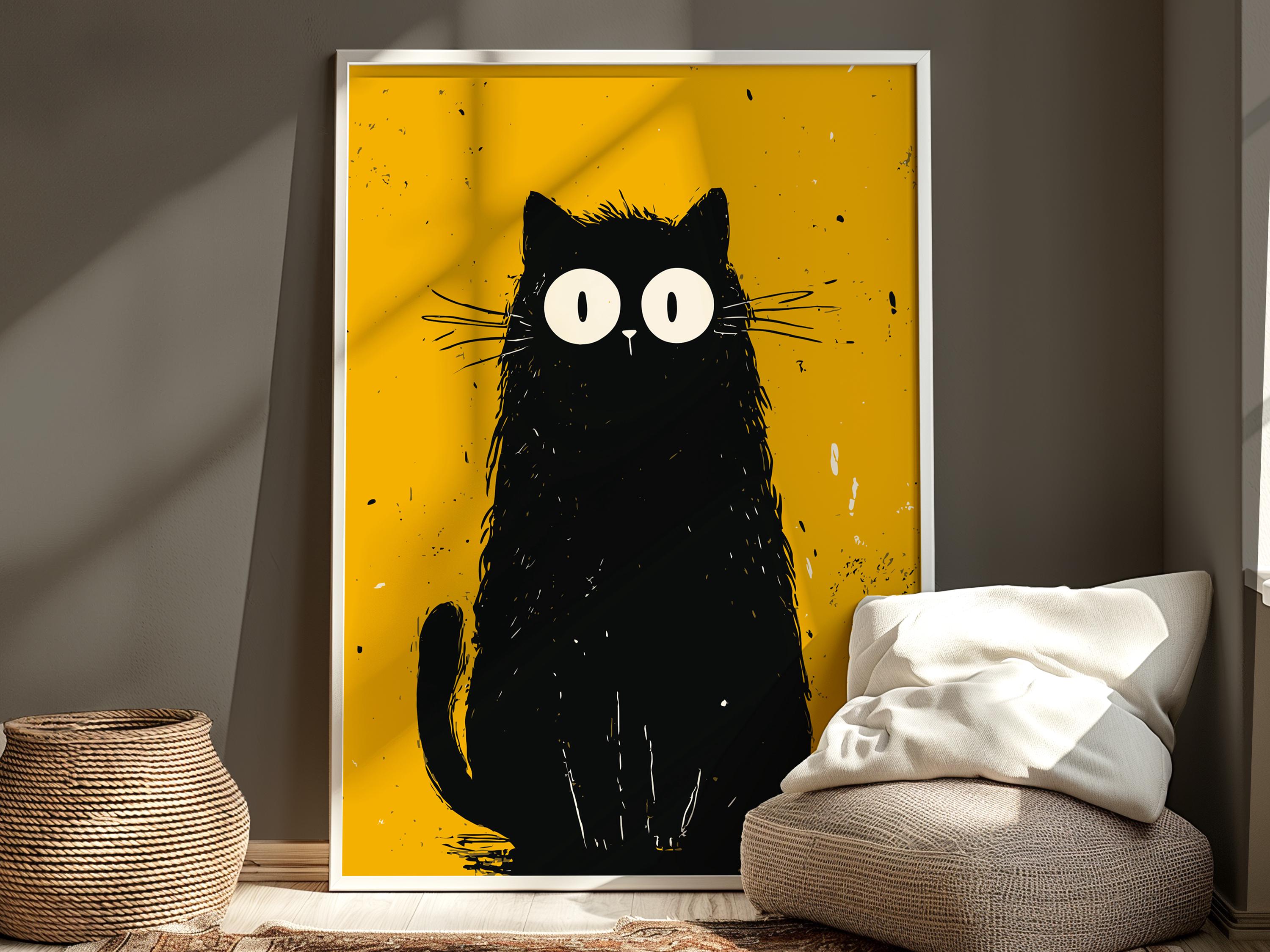 ショックを受けた黒猫のプリント、ミニマリストモダンウォールアート