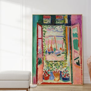 May include: A painting depicting a window with a view of a harbour featuring boats. The window is open and there are plants in pots on the windowsill. The painting is executed in a colourful, impressionistic style.