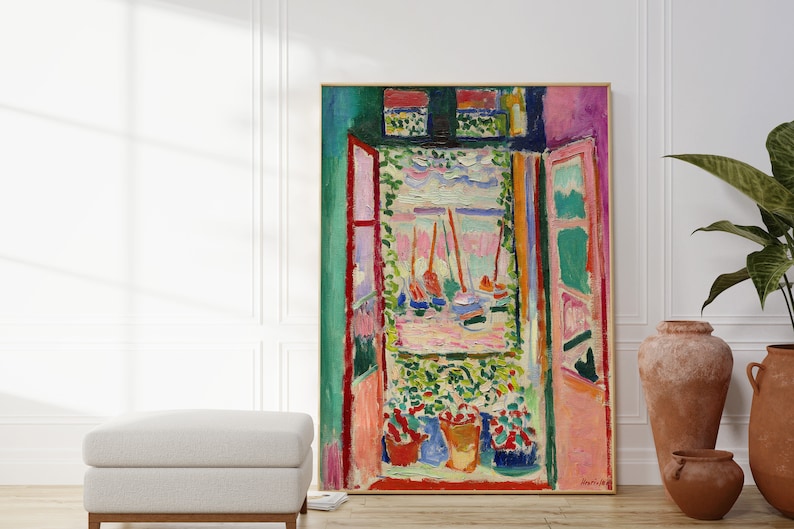 May include: A painting depicting a window with a view of a harbour featuring boats. The window is open and there are plants in pots on the windowsill. The painting is executed in a colourful, impressionistic style.