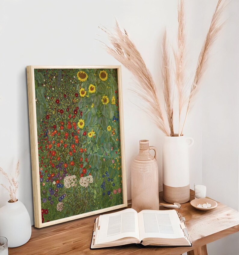 May include: A framed print of a painting depicting a field of sunflowers and other wildflowers in shades of green, yellow, red, and blue.